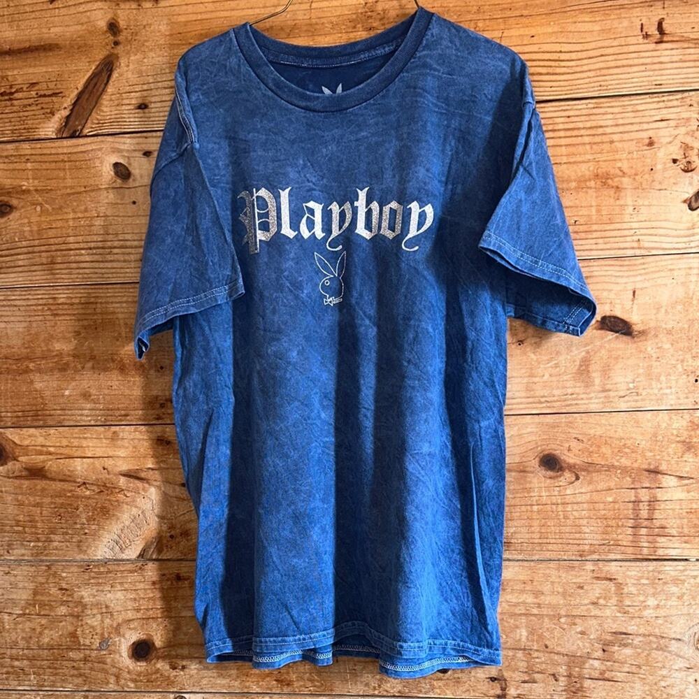 PLAYBOY Glitter Distressed Wash Blue Tee